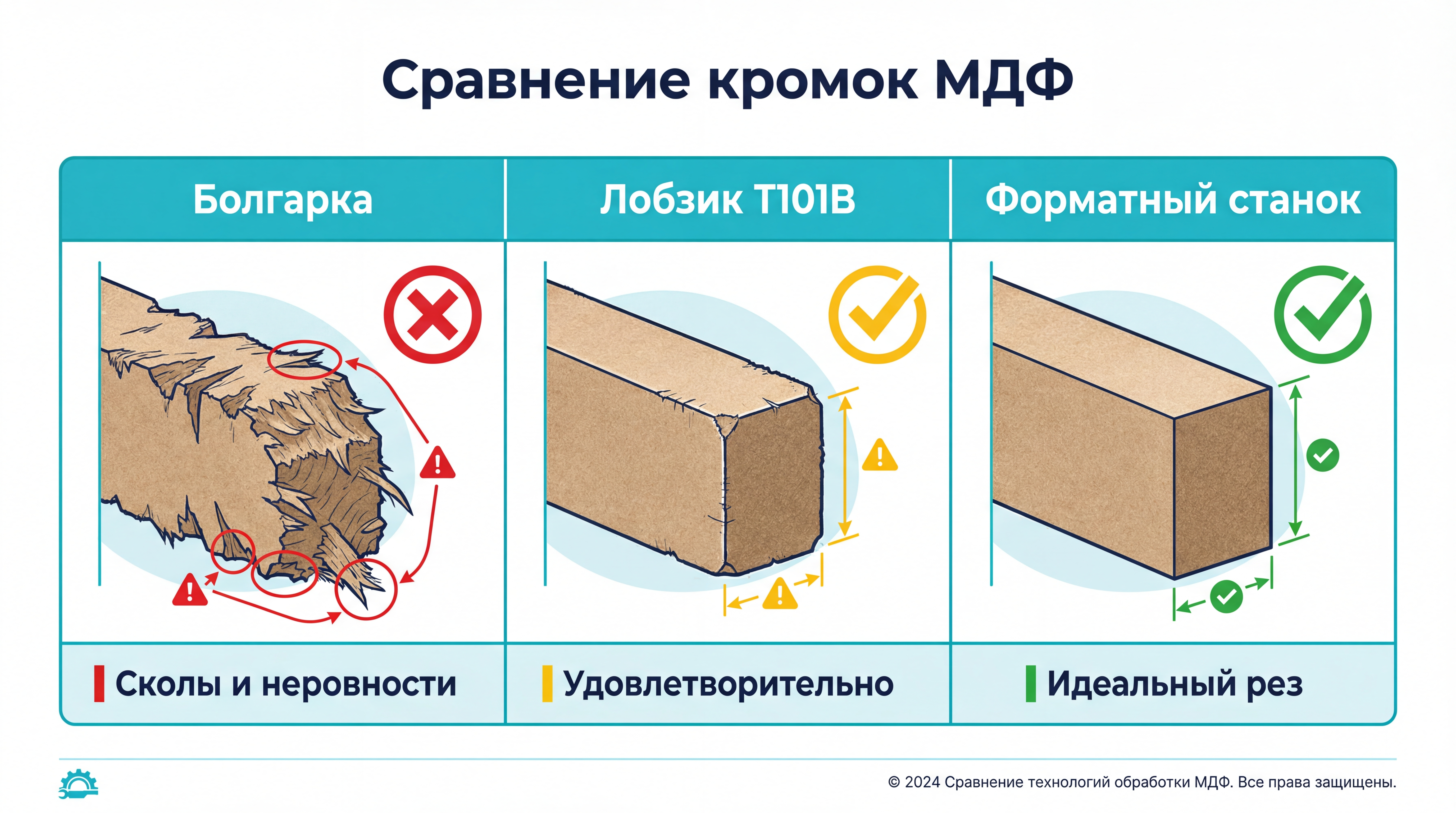 Инфографика: сравнение кромок МДФ — правильный и неправильный рез