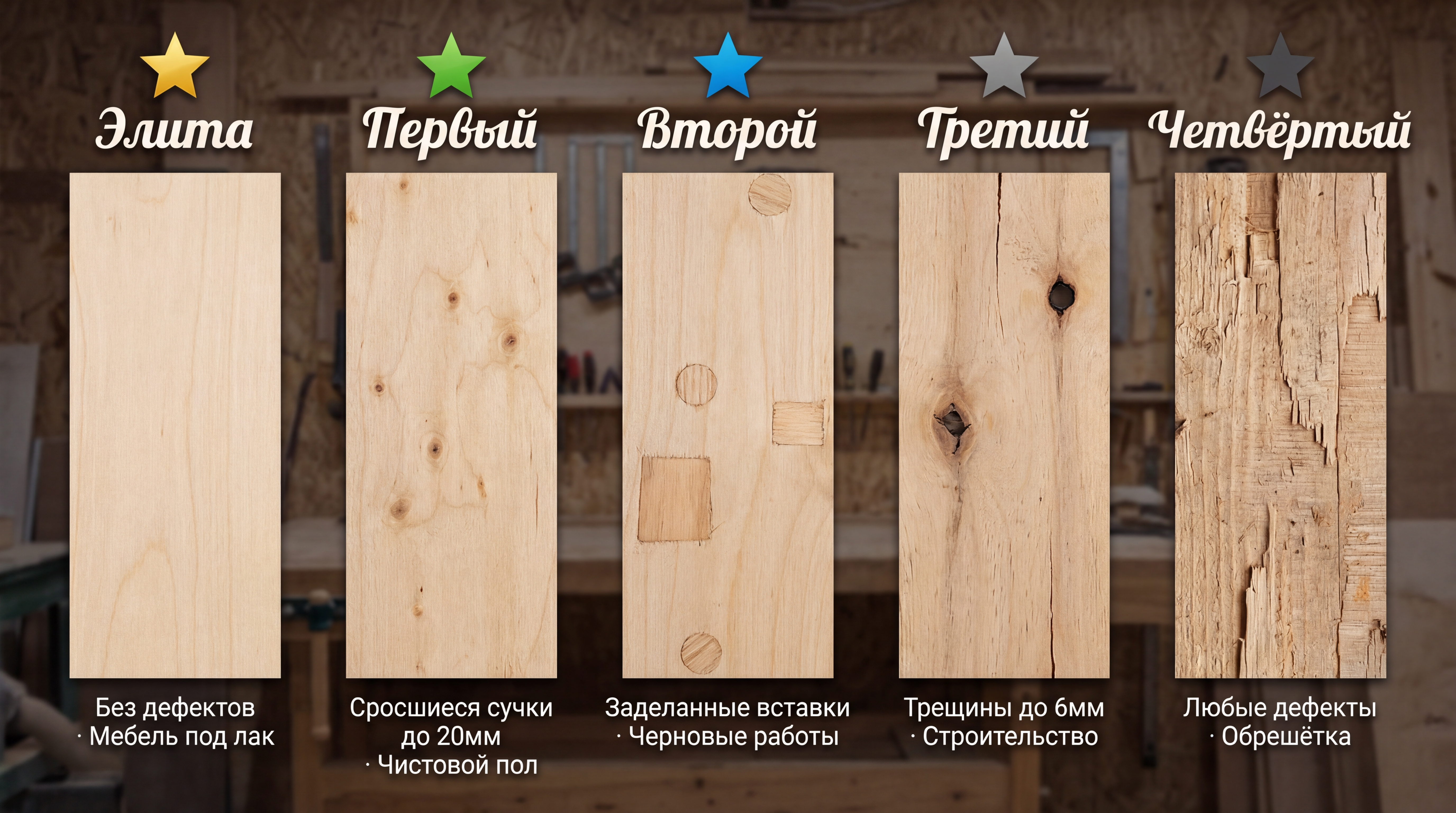 Инфографика: сравнение сортов фанеры E/I/II/III/IV — дефекты поверхности