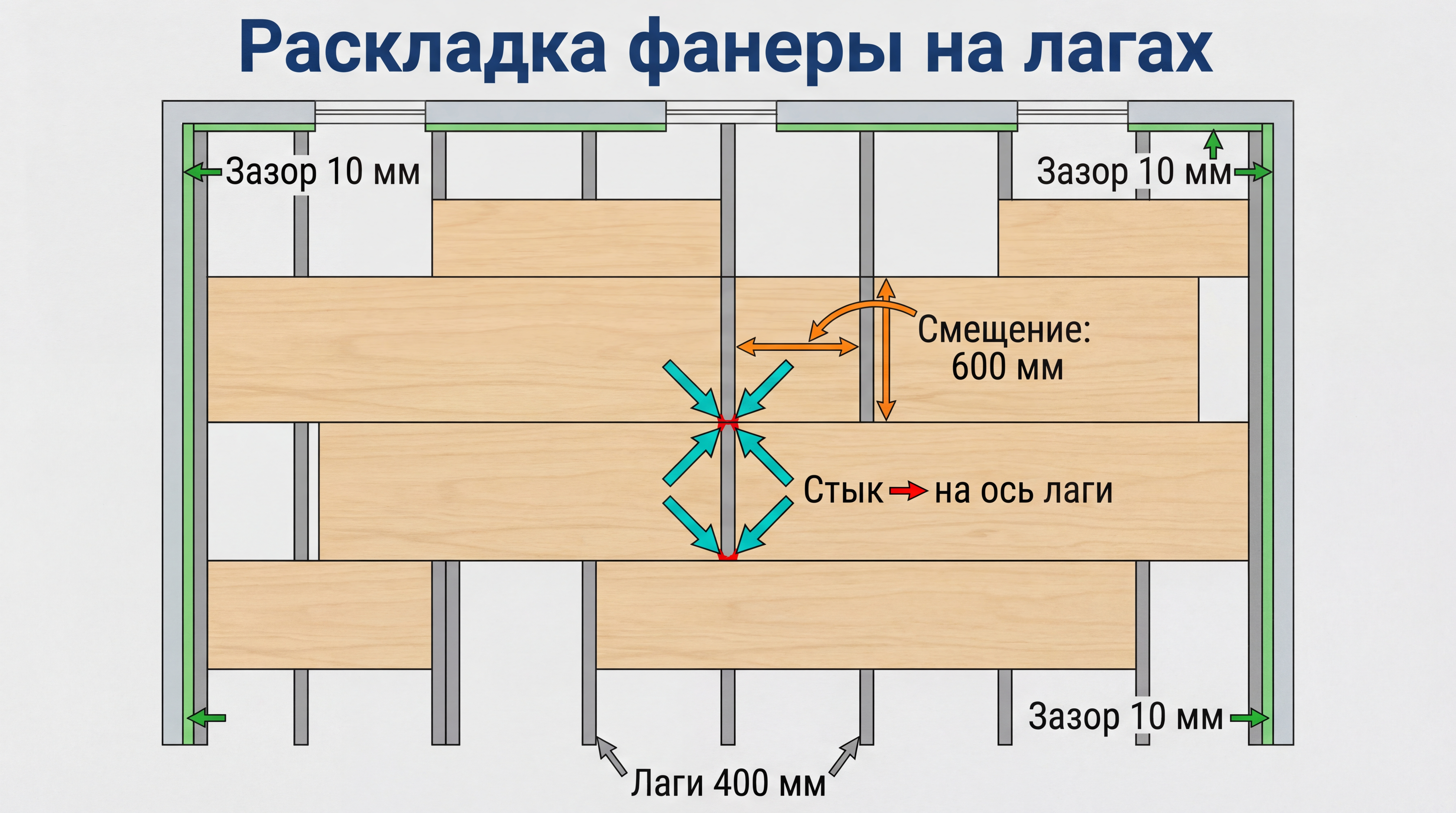 Инфографика: схема раскладки фанеры на лагах с разбежкой швов
