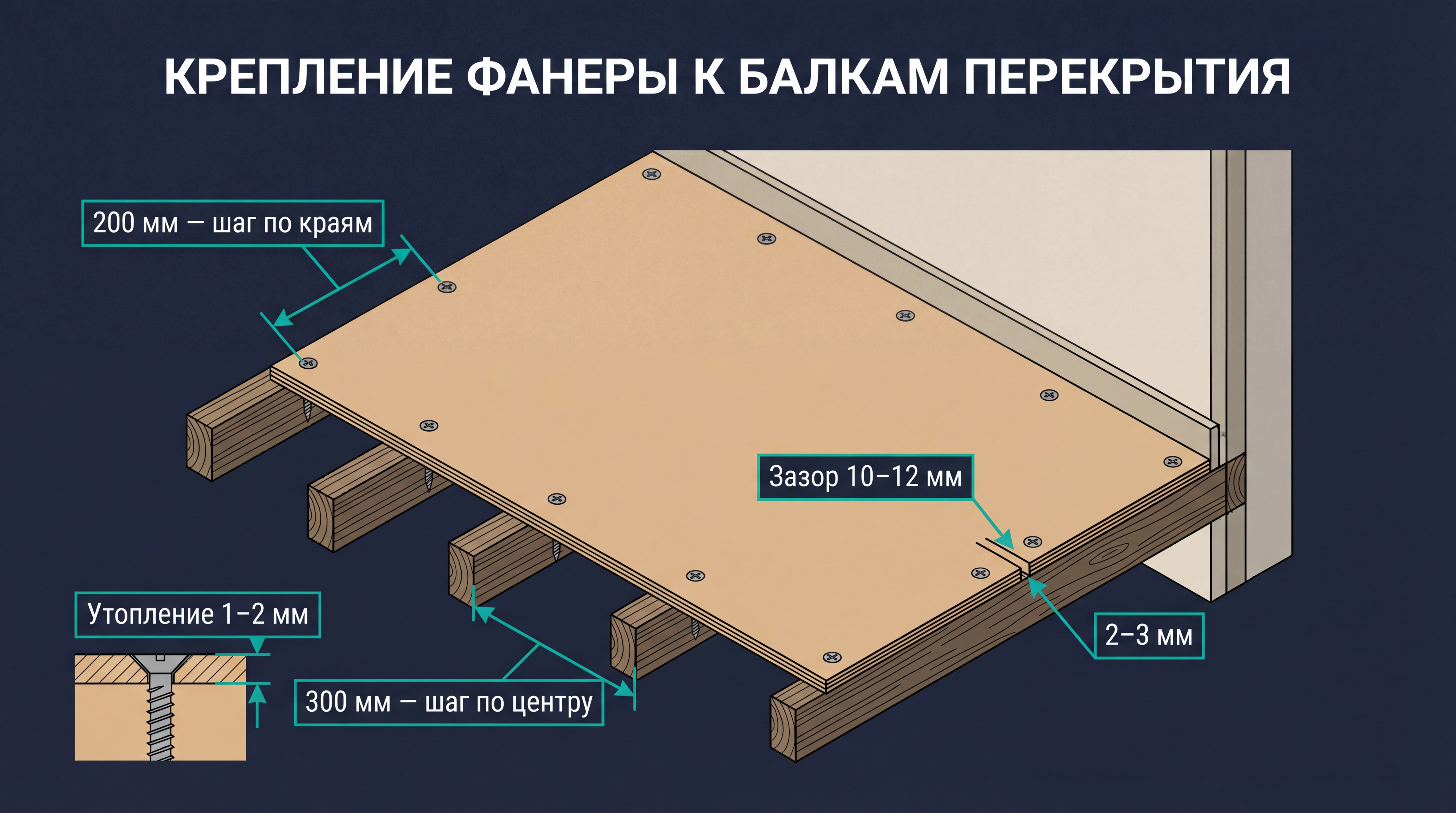 Инфографика: схема укладки фанеры на лаги — зазоры, крепление, разбежка