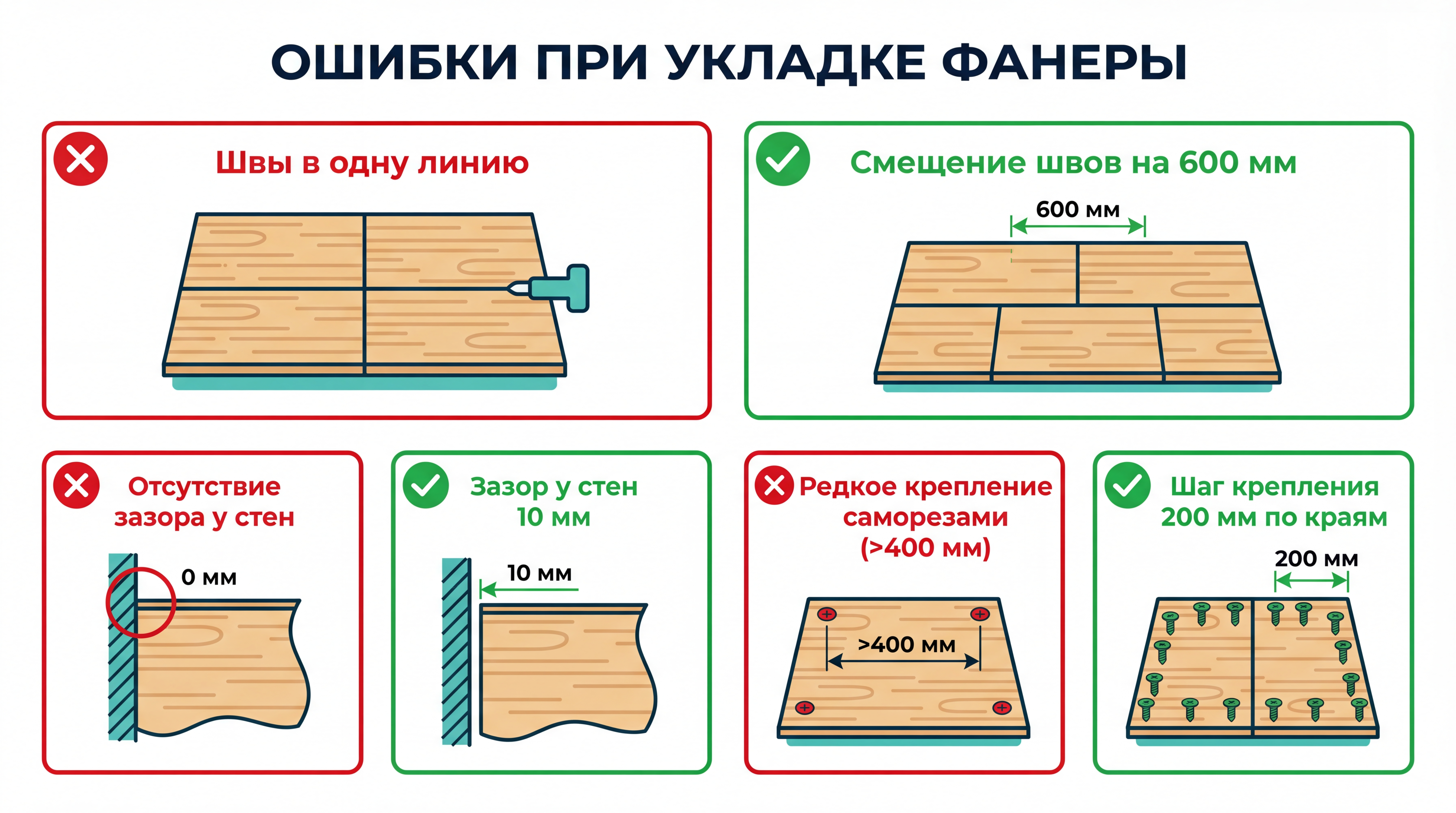 Инфографика: частые ошибки при укладке фанеры на лаги