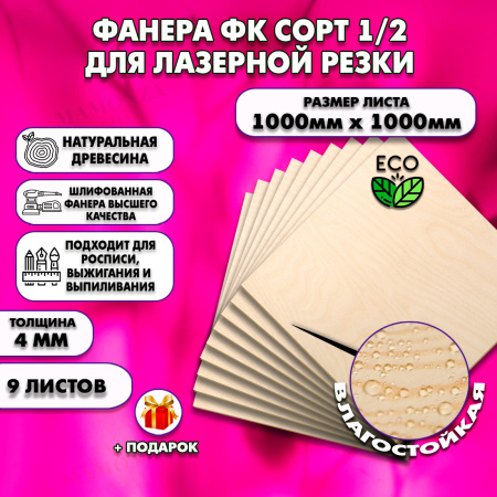 Строительная Фанера для лазерной резки 4х1000х1000, 9 листов, сорт 1/2